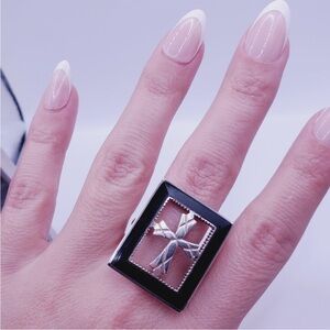Genuine Black Onyx 925 Sterling Silver Vintage Statement Cross Ring